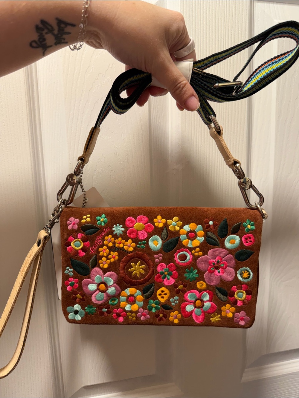 NWT CONSUELA - Embroidered Floral Suede Crossbody Bag - Brown